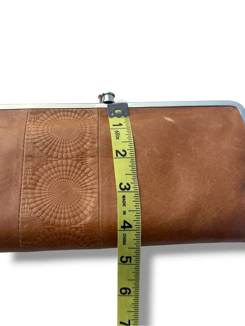 HOBO Lauren Clutch Wallet Brown Leather Embossed Frame Kiss Lock Organizer